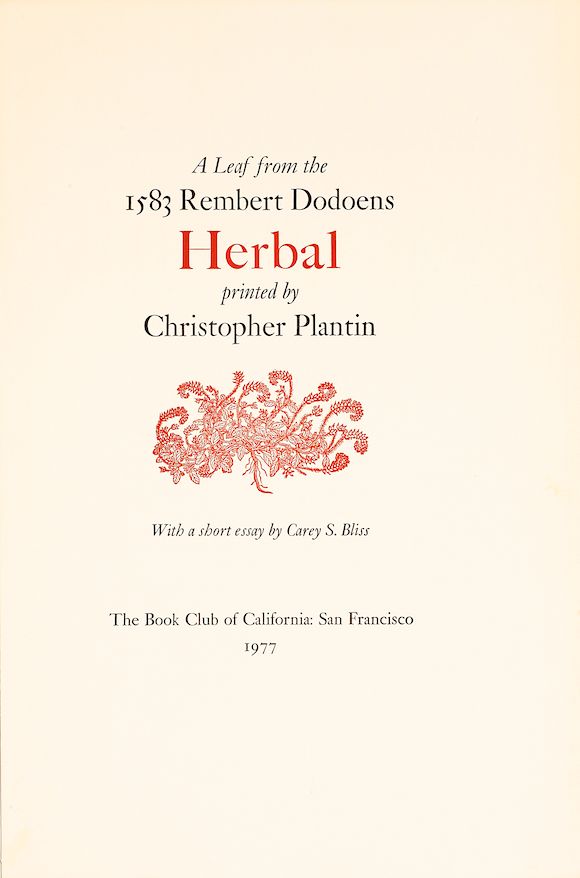 Bonhams HERBAL. A Leaf from the 1583 Rembert Dodoens Herbal Printed
