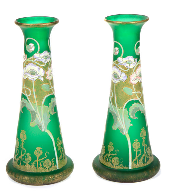 Bonhams A Pair Of Art Nouveau Enameled Green Glass Vases Early 20th Century 6348