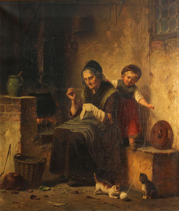 Bonhams : Hermann Werner (German, 1816-1905) Playing with the kitten 22 ...