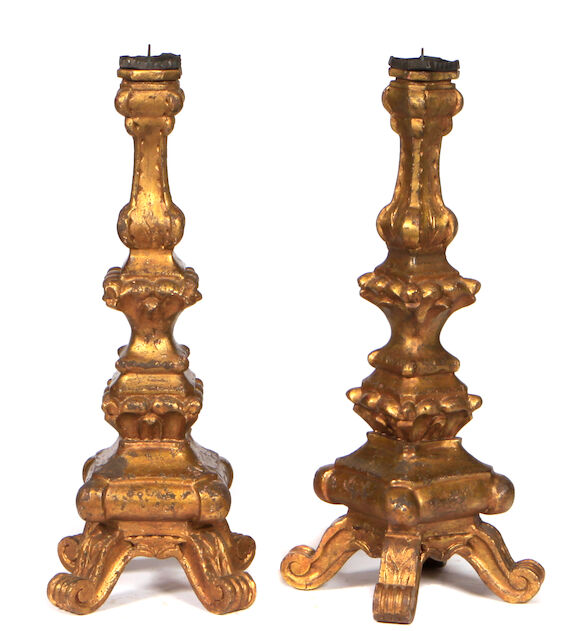 Bonhams : A pair of Italian Baroque style giltwood prickets