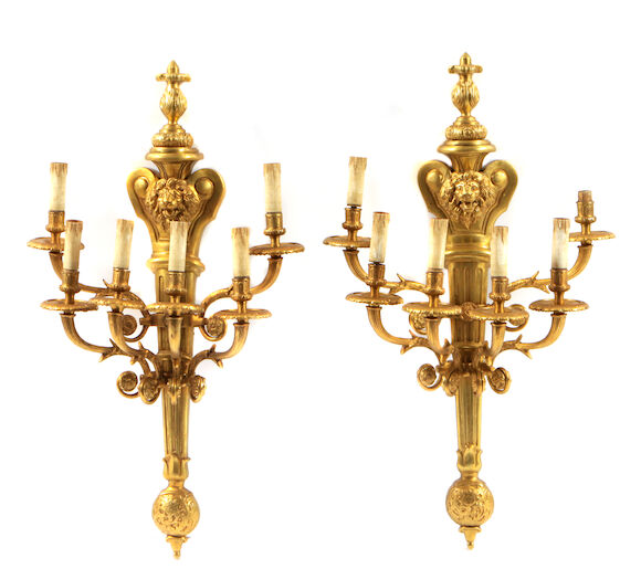 Bonhams : A pair of Louis XVI style gilt bronze six light bras de lumière
