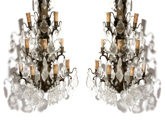Bonhams : A pair of Louis XV style patinated bronze and glass nine ...