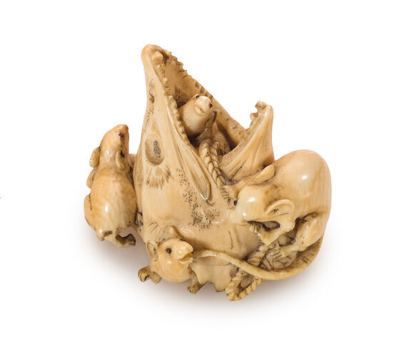 Bonhams : An ivory study of the head of a salmon devoured by mice Meiji ...