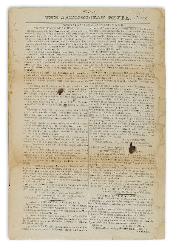 Proclamation Extra Bonhams : CALIFORNIA PROCLAMATION. STOCKTON, ROBERT FIELD. 1795-1866 ...