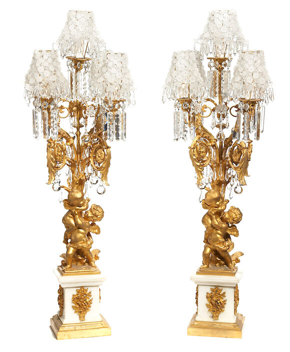 Bonhams : A pair of Louis XVI style gilt bronze, marble and cut glass ...