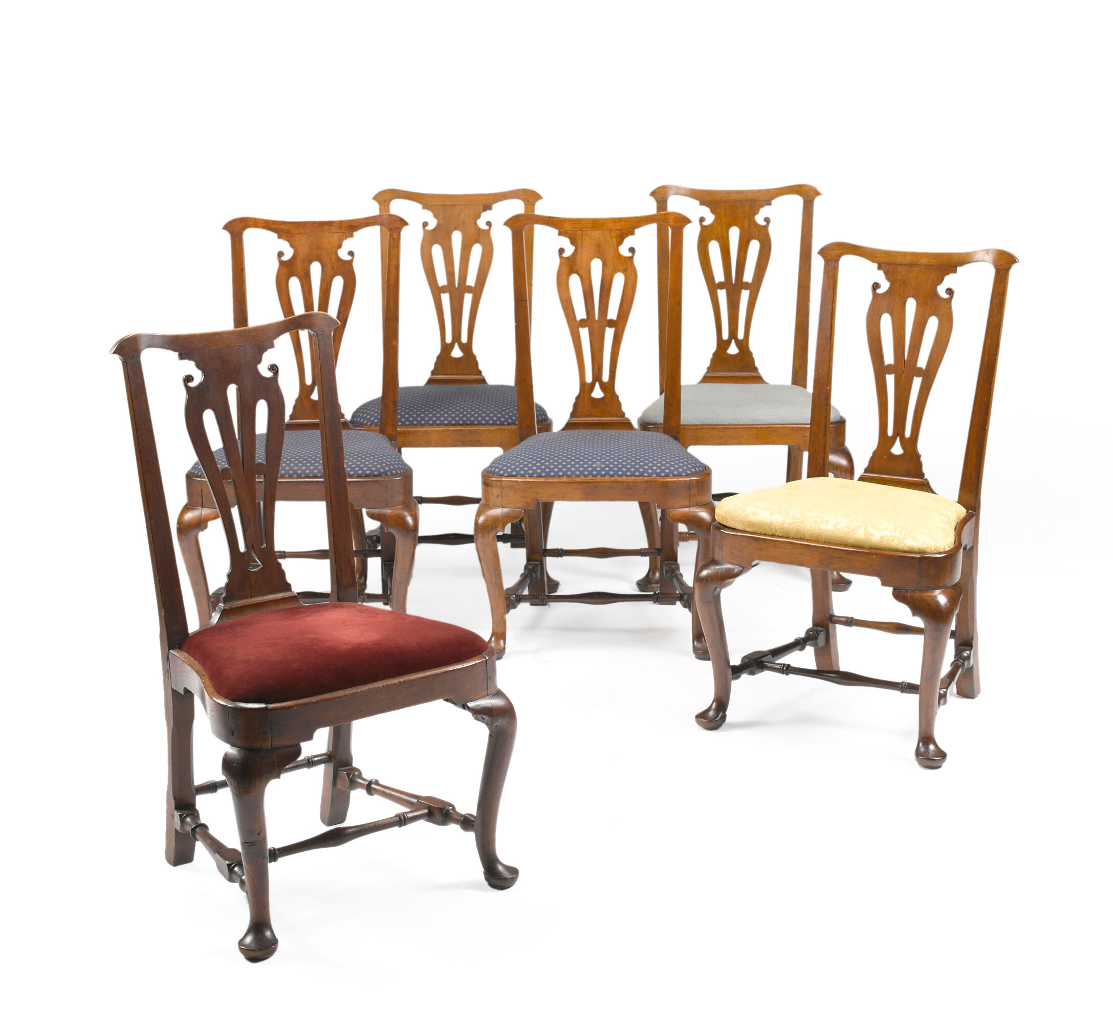 A set of six Queen Anne walnut compass seat side chairs attribut