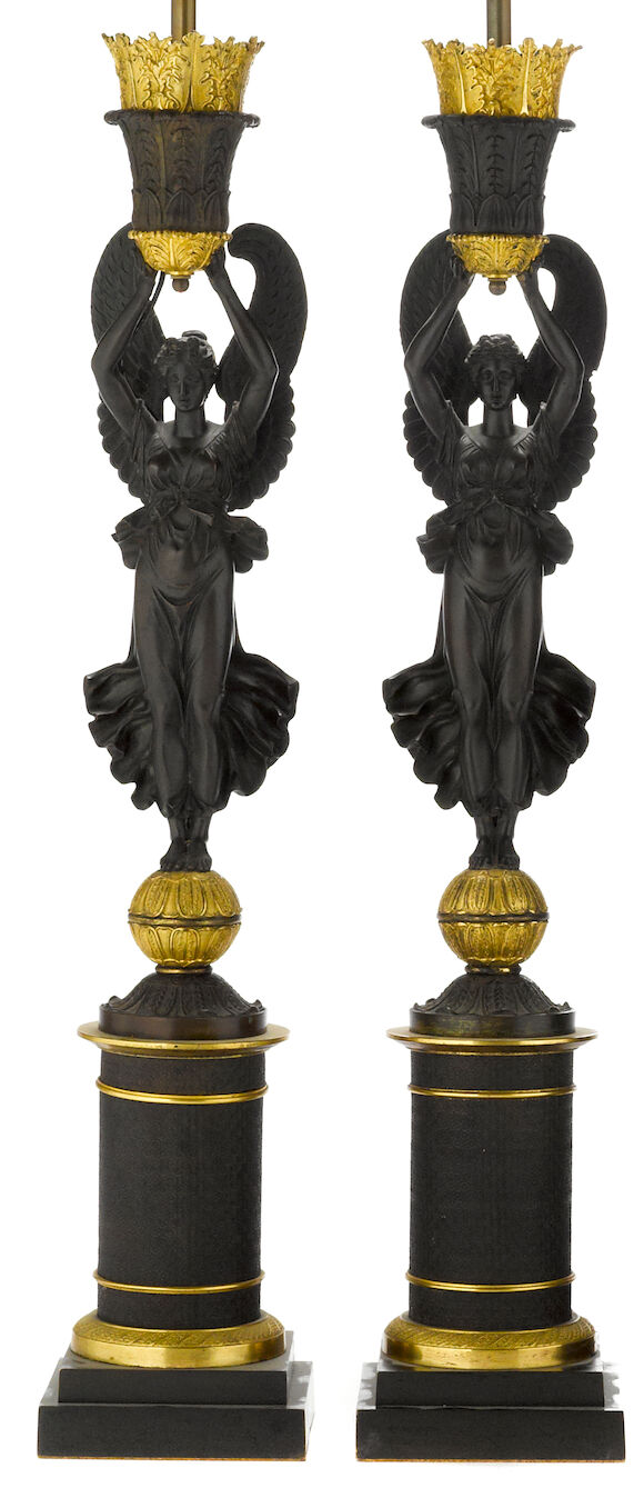 Bonhams : A pair of Empire gilt and patinated bronze figural standards ...