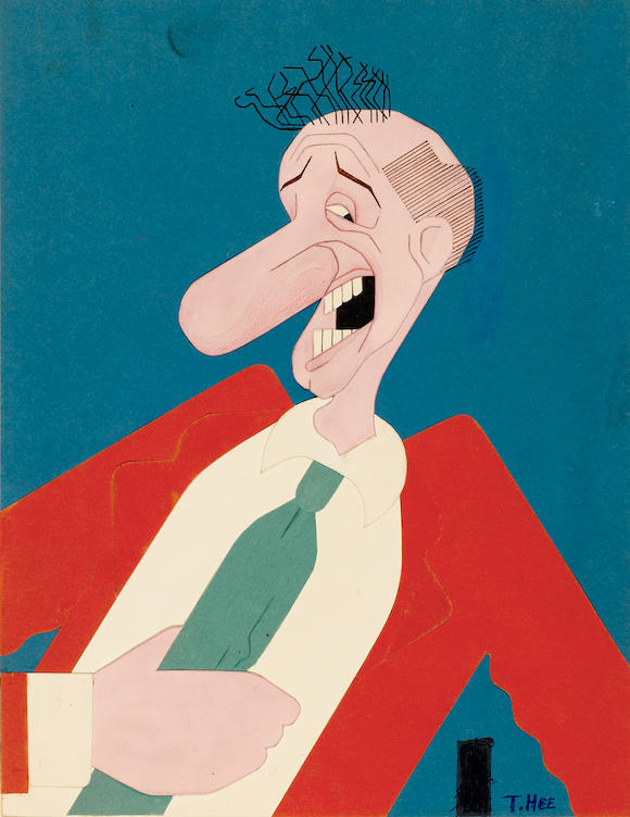 Bonhams : A watercolor and collage caricature of Jimmy Durante