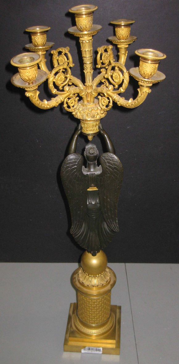 Bonhams : A pair of Empire gilt and patinated bronze figural five light ...