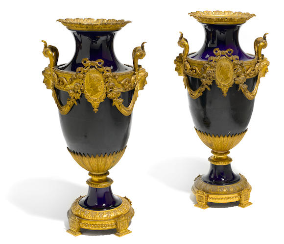 Bonhams : A pair of French gilt bronze mounted porcelain urns late 19th ...