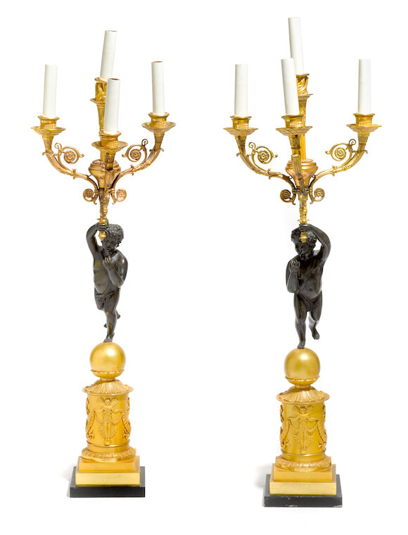 Bonhams : A pair of Empire style gilt and patinated bronze four light ...