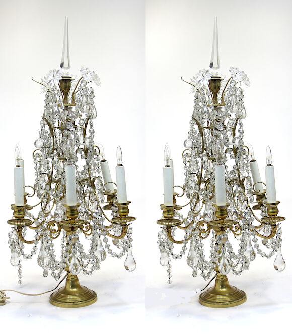 Bonhams : A pair of Louis XVI style gilt bronze and cut glass six light ...