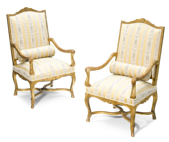 Bonhams : A pair of Régence style carved giltwood fauteuils late 19th ...