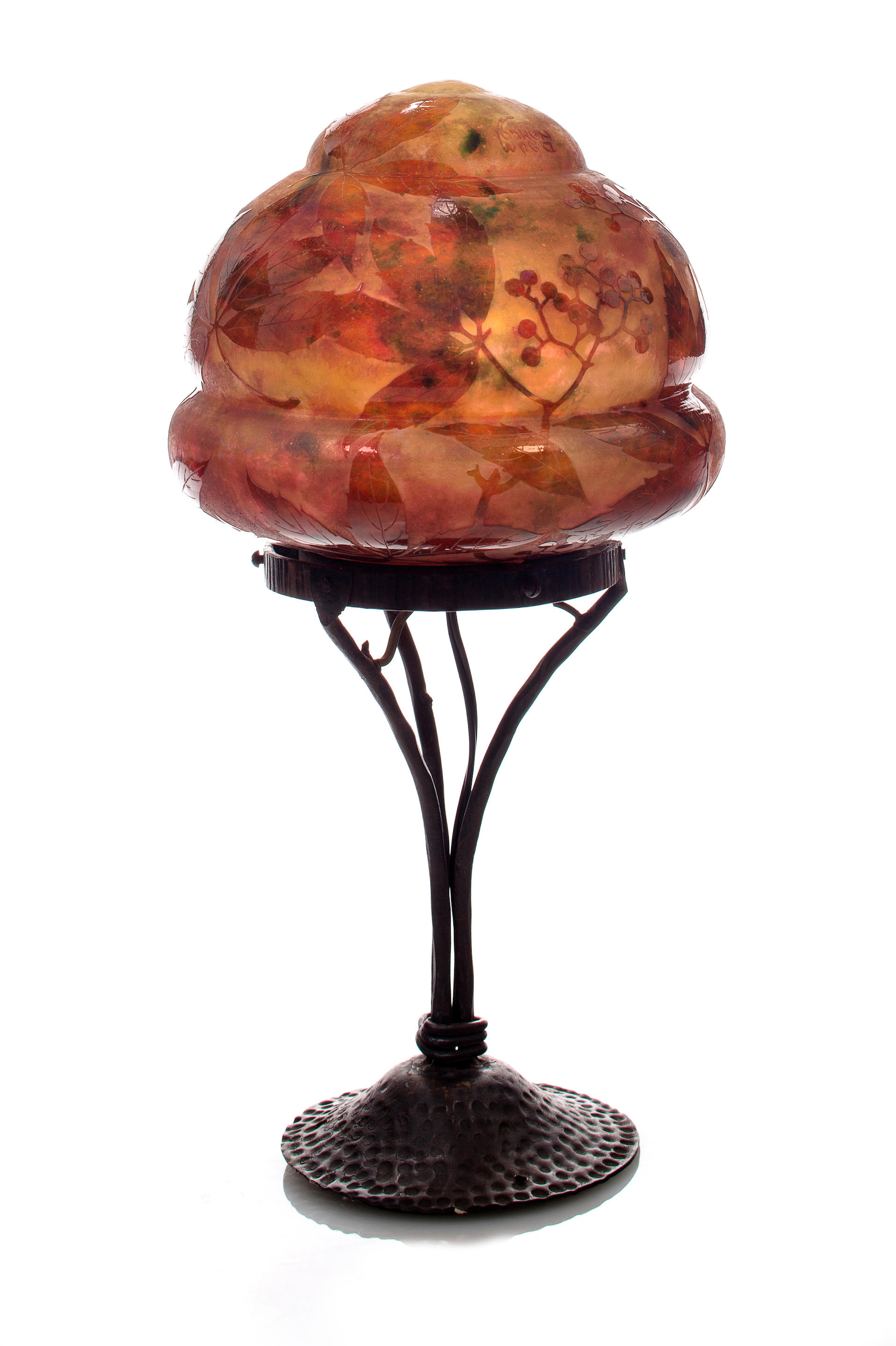 A Daum Nancy cameo glass and wrought-iron chandelier