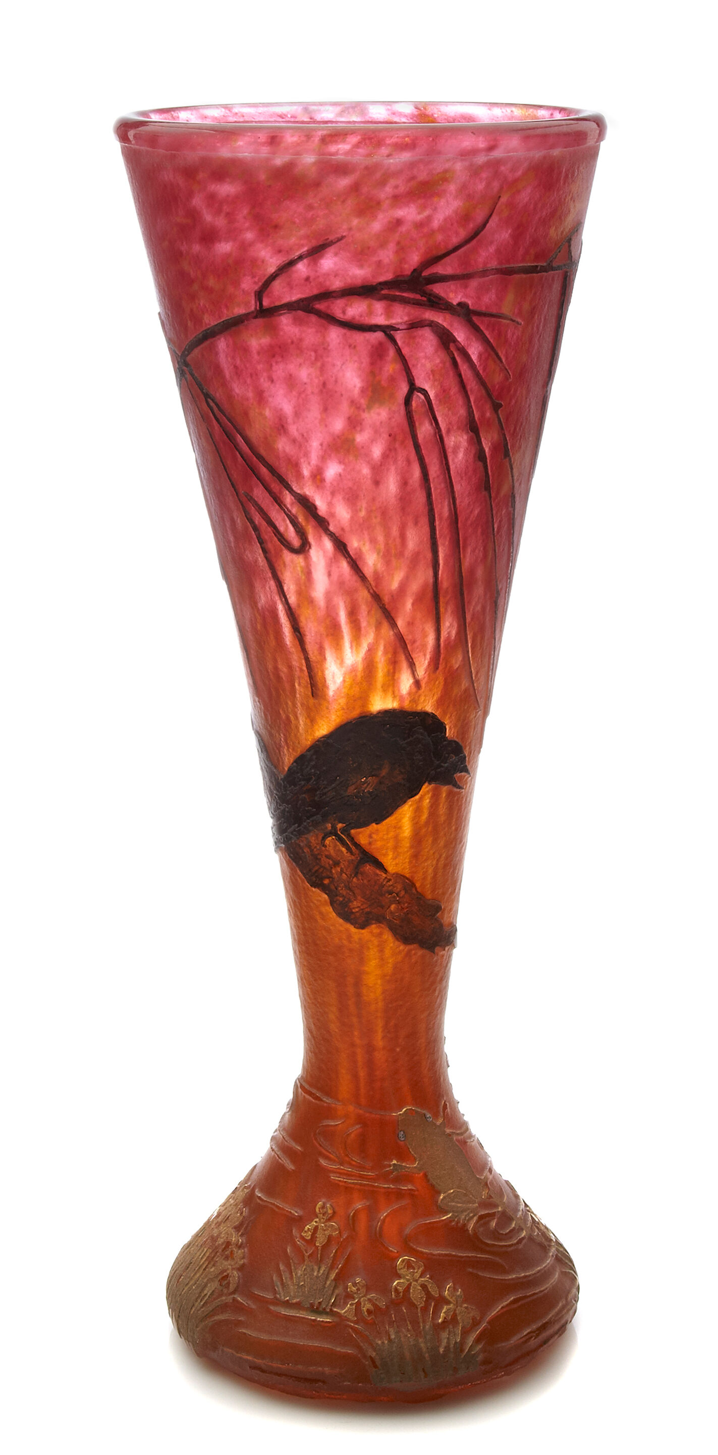 A good Daum Nancy enameled cameo glass Blackbird and Frog vase c