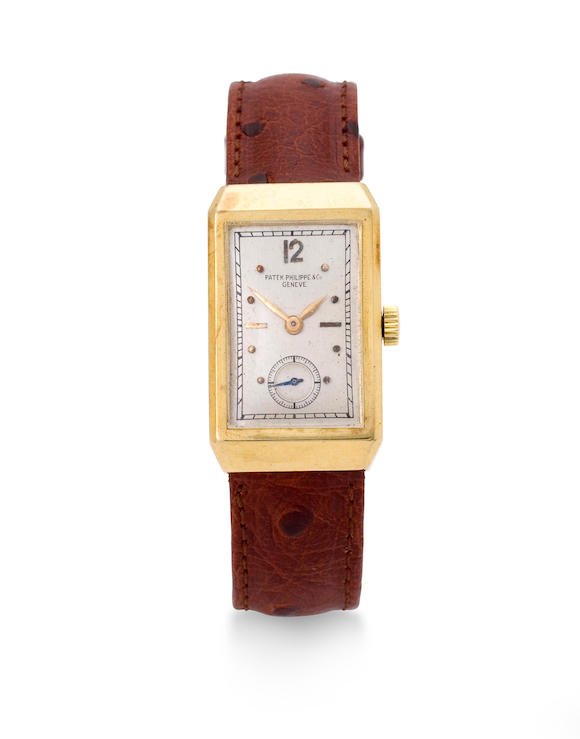 Bonhams : Patek Philippe. A fine 18K gold rectangular wristwatch with ...