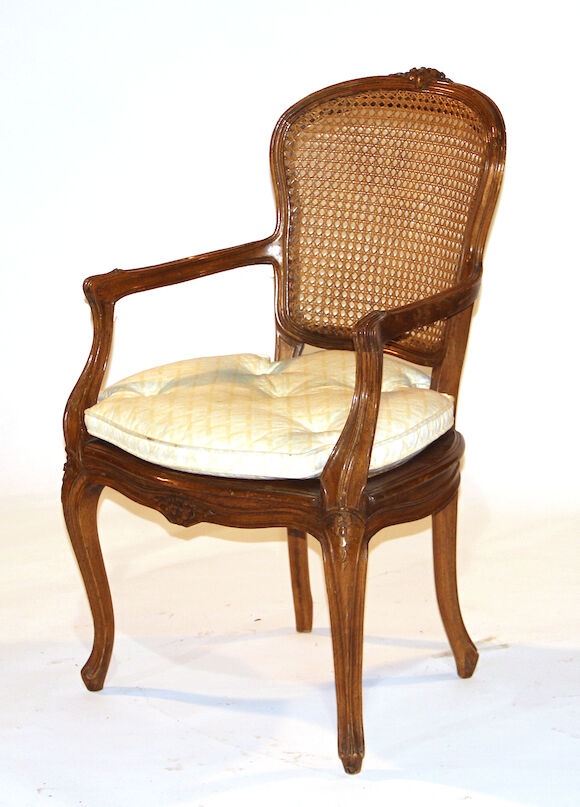 Bonhams : A pair of Louis XV style walnut and caned fauteuil à la reine ...
