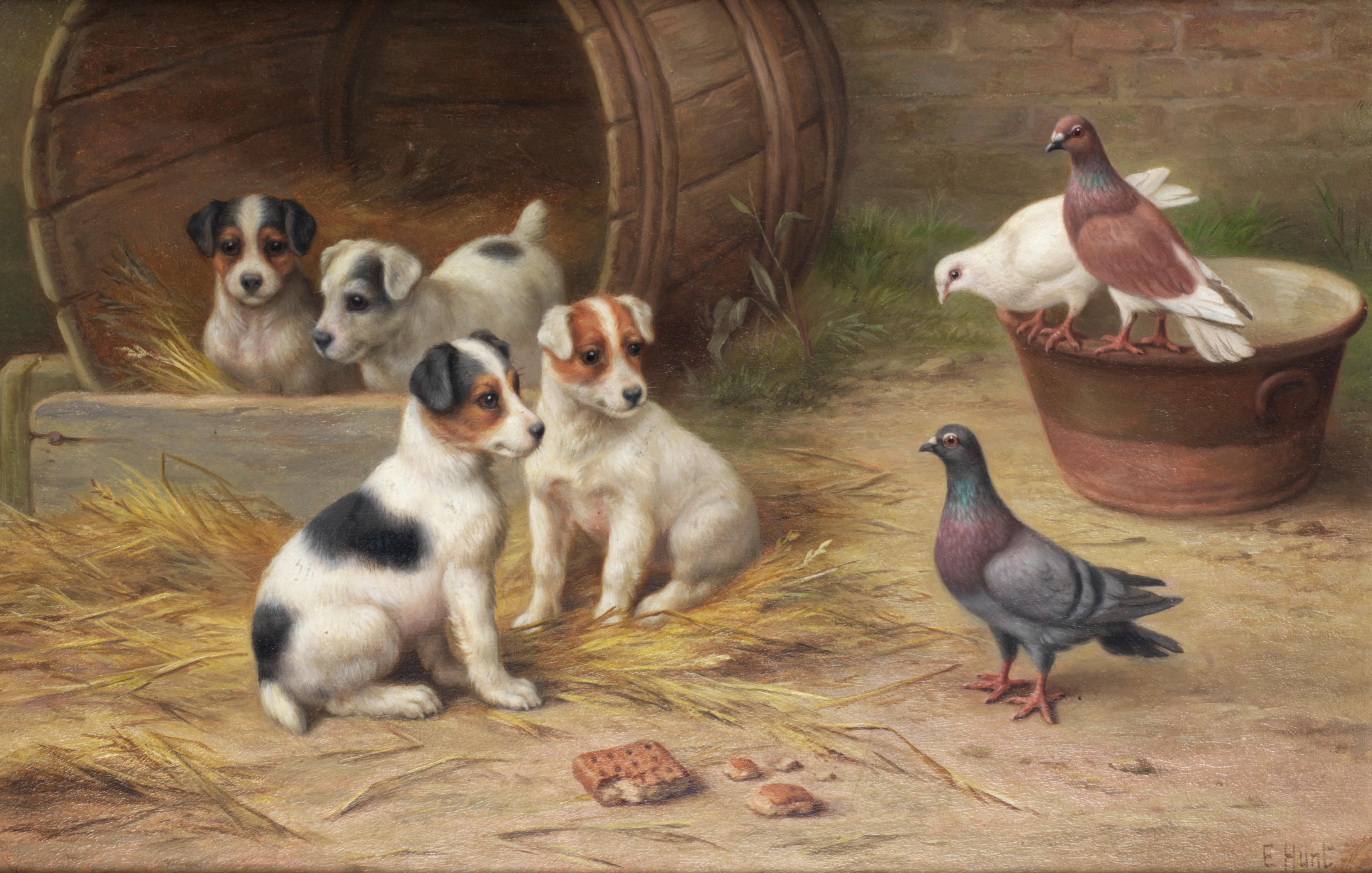 Картина собака со щенятами во дворе