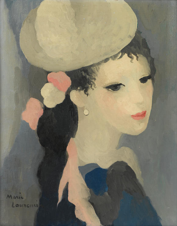 Bonhams : MARIE LAURENCIN (1885-1956) Femme au chapeau 16 1/8 x 13in ...