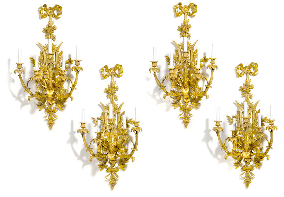 Bonhams : A set of four Louis XV style gilt bronze five light bras de ...