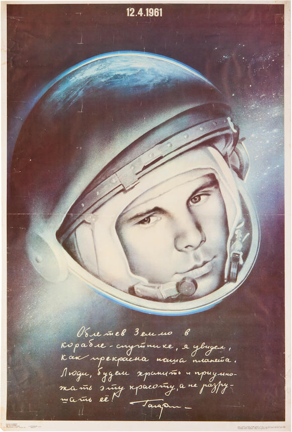 Bonhams : GAGARIN POSTERS. 1. Poster featuring image of Gagarin and a ...