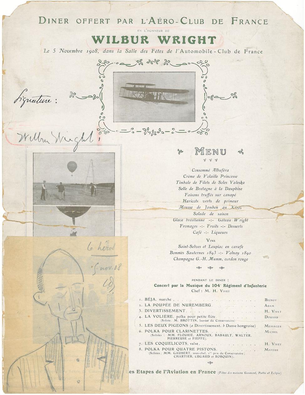 Bonhams 1908 Paris Dinner Menu Signed By Wilbur Single Sheet Menu Diner Offert Par L Aero Club De France En L Honneur De Wilbur Wright 12 X 9 Inches