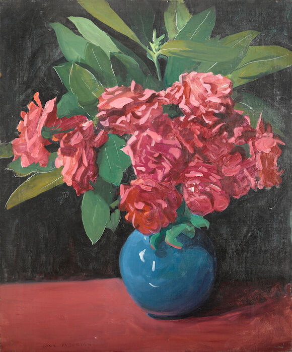 Bonhams : Jane Peterson (American, 1876-1965) Pink roses in a blue vase ...