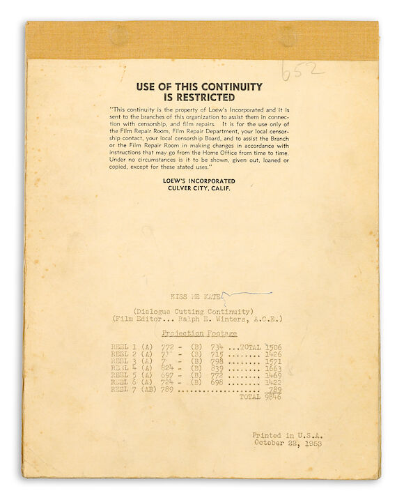 Bonhams : A cutting continuity script for Kiss Me Kate