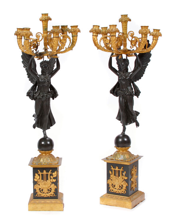Bonhams : A pair of Empire style gilt and patinated bronze six light ...