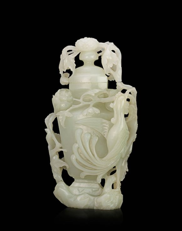 Bonhams A fine white jade lidded vase decorated with peony and