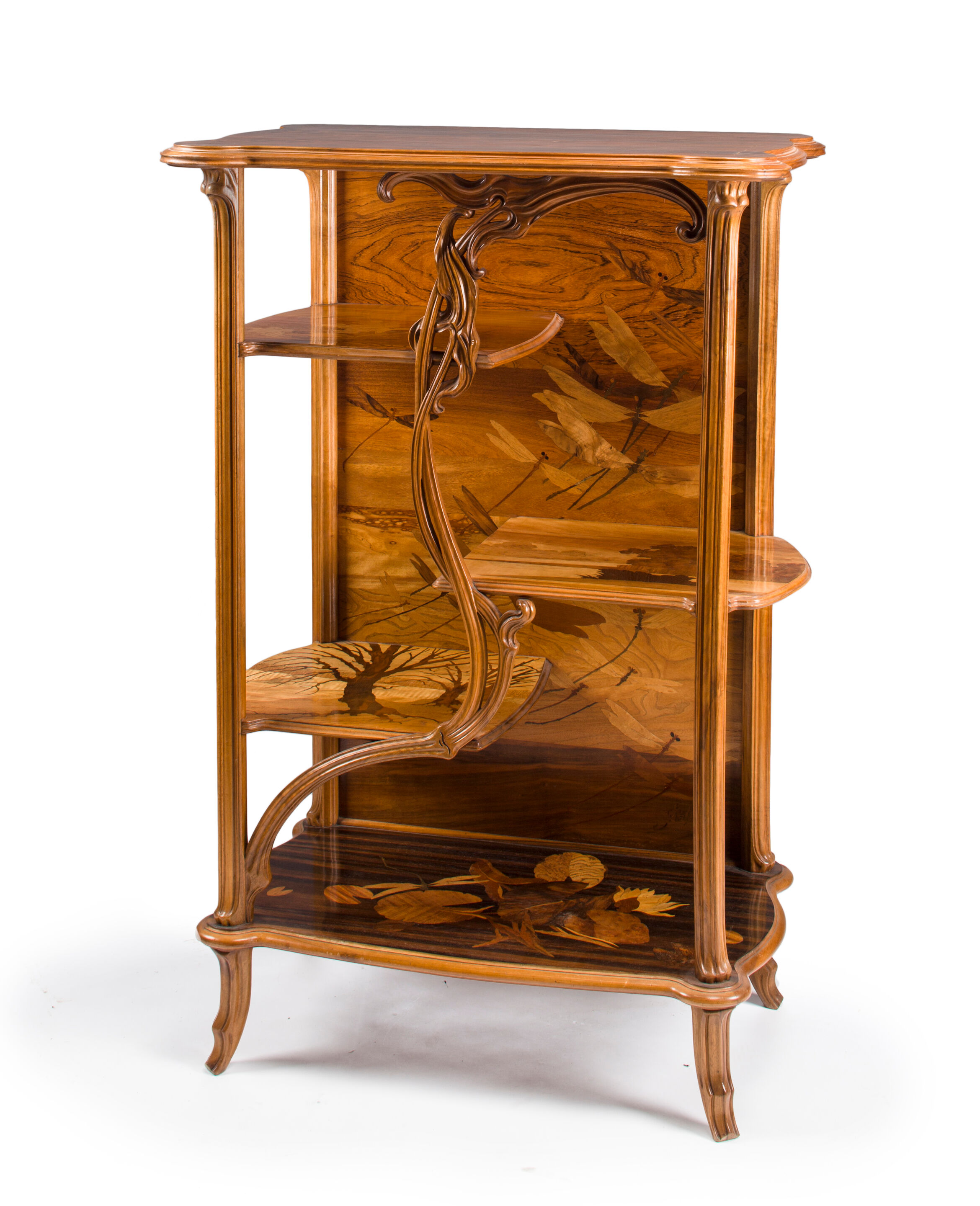 A Gallé fruitwood-marquetry inlaid mahogany Dragonfly Étagère ci