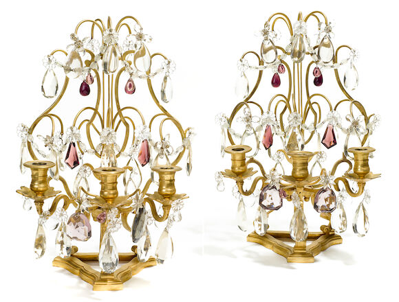 Bonhams : A pair of Louis XVI style gilt bronze and glass girandoles ...