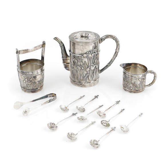 Bonhams : A Japanese enameled silver floral-decorated part tea service ...