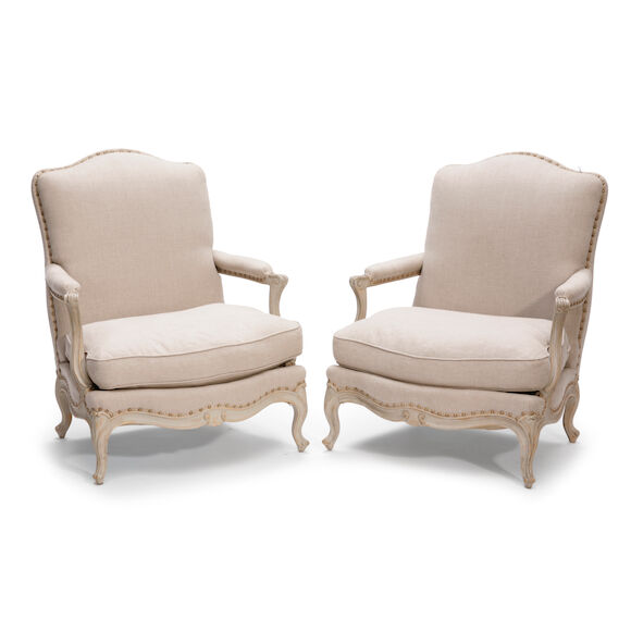 Bonhams : A pair of Louis XV style paint decorated fauteuils