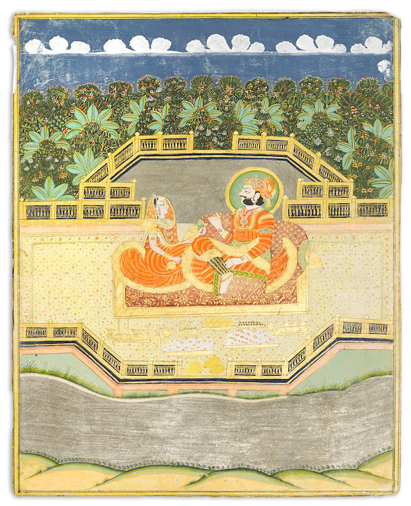 Bonhams : Maharaja Man Singh and consort on a terrace Jodhpur, circa 1830