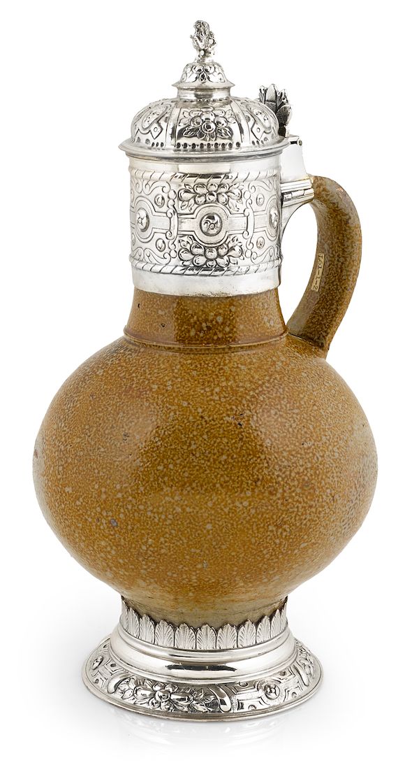 Bonhams : A Rhenish silver-mounted salt-glazed 'tigerware' jug unmarked