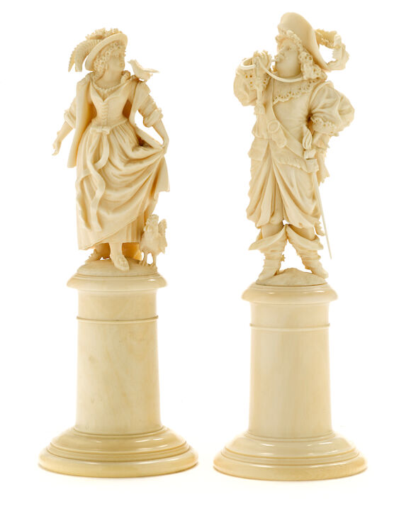 Bonhams : A pair of Dieppe carved ivory figures of a cavalier and lady ...