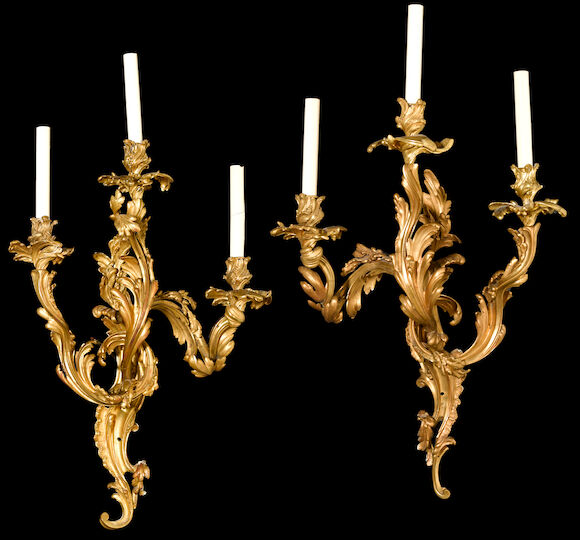 Bonhams : A pair of Louis XV style gilt bronze three light bras de ...