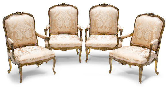 Bonhams : A set of four Louis XV style parcel gilt and paint decorated ...