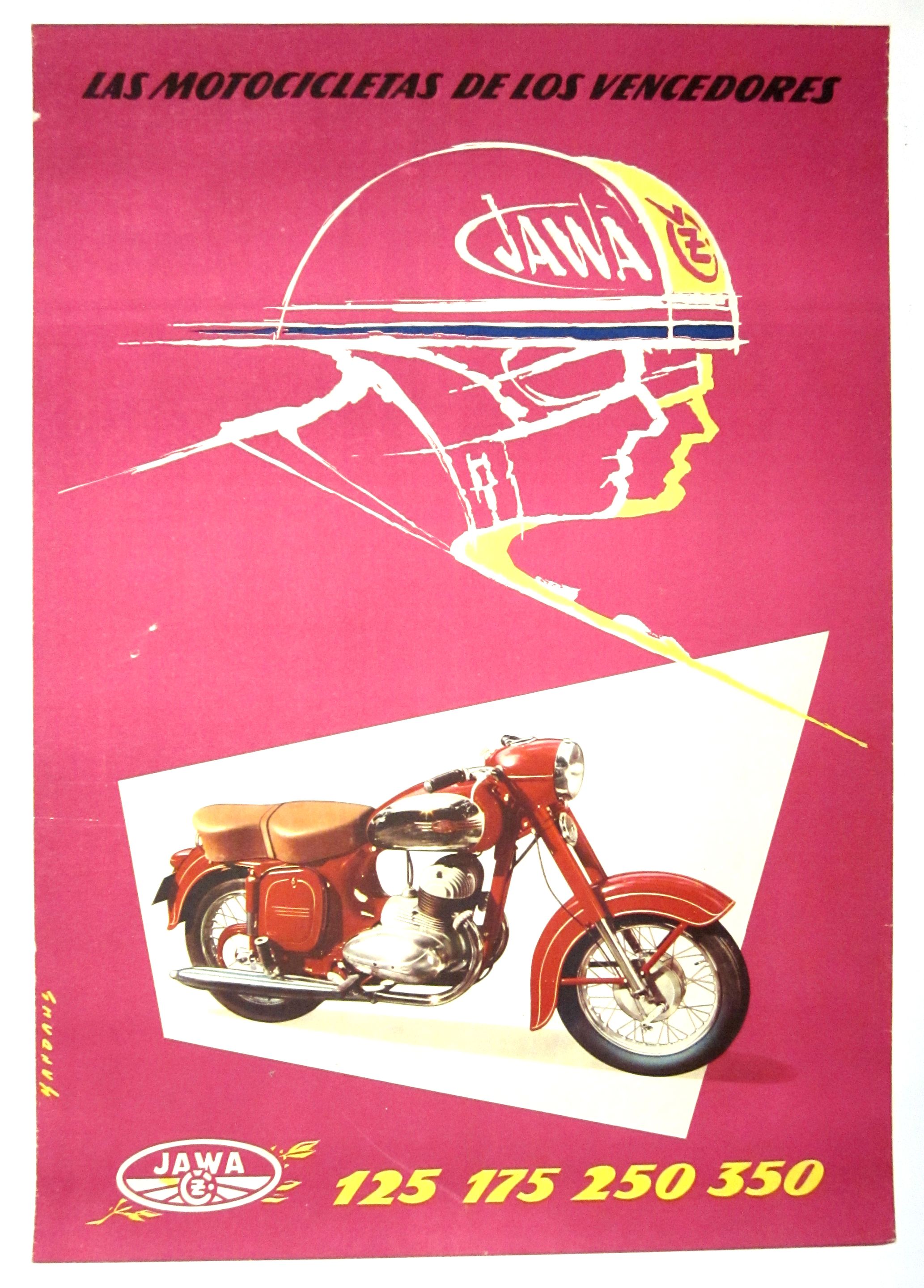 Bonhams Cars A Jawa motorcycle advertising poster by Kandaus,