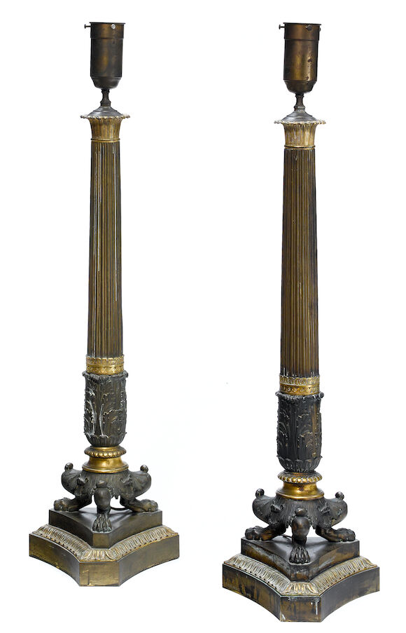 Bonhams : A pair of French Empire gilt and patinated bronze lamps ...