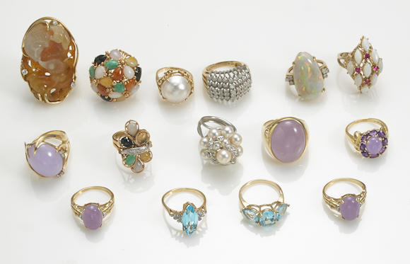 Bonhams : A collection of fourteen vari-color jade, gem-set, diamond ...