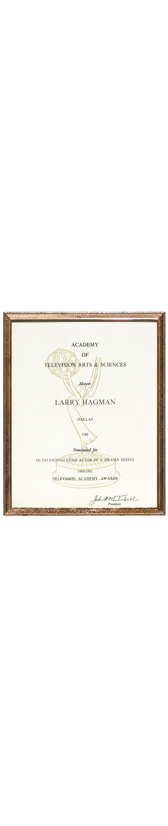 Bonhams A Larry Hagman Emmy nomination certificate for Dallas