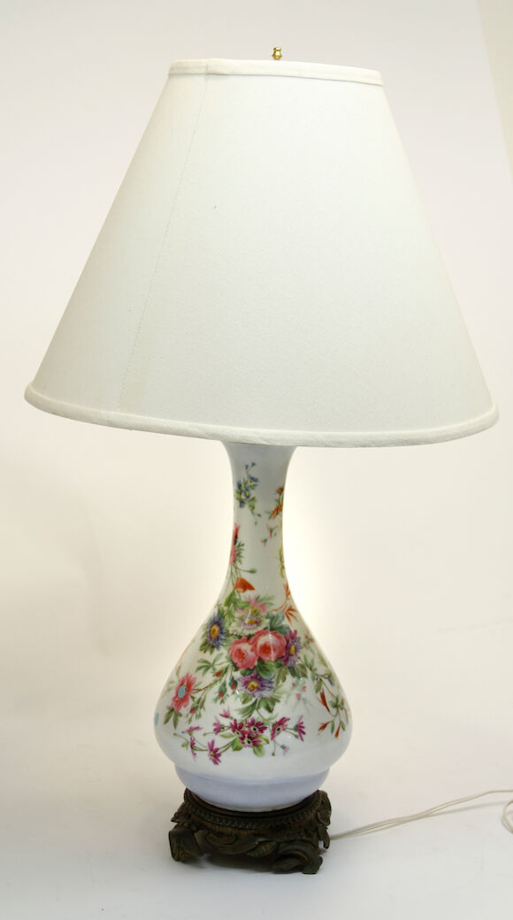 Bonhams : A French porcelain gilt bronze mounted oil lamp, now fitted ...