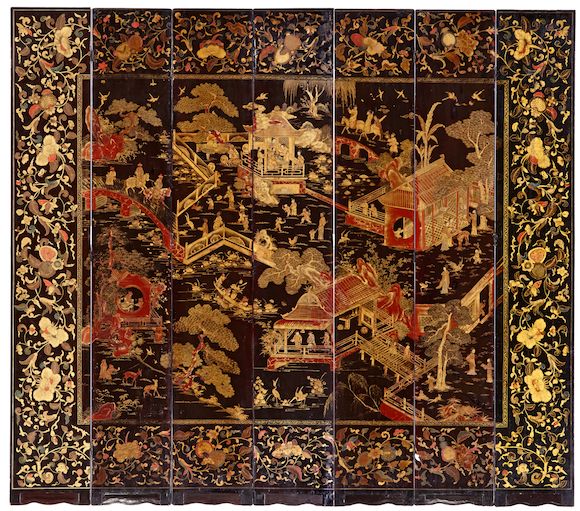 Bonhams : A seven-panel polychrome lacquered wood partial floor screen ...