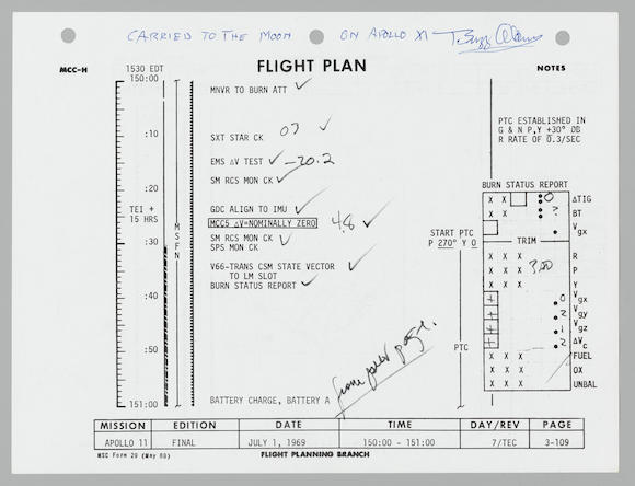 Bonhams Apollo 11 Flight Plan Sheet Carried On And Used During The