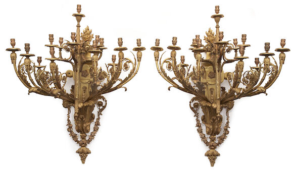 Bonhams : A pair of Louis XVI style gilt bronze fifteen light bras de ...