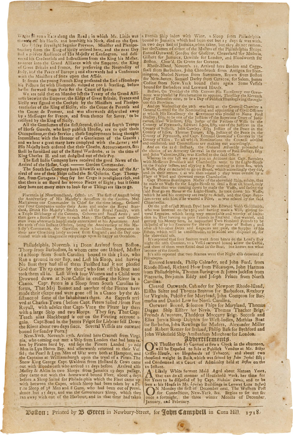 Bonhams : BOSTON NEWS-LETTER—BLACKBEARD THE PIRATE. New England. The ...