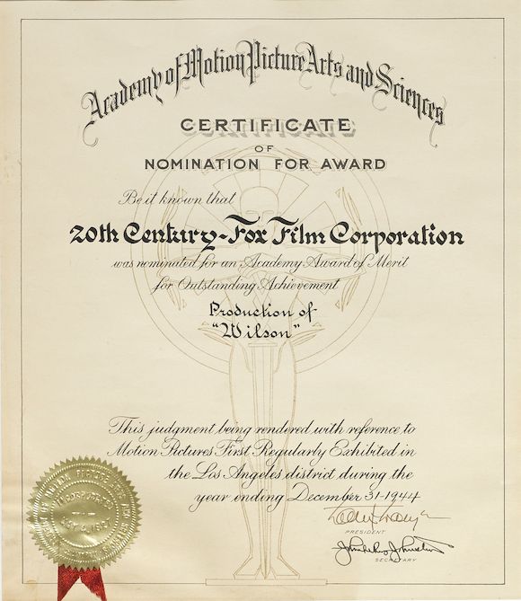 Bonhams A Best Picture Academy Award nomination certificate for Wilson