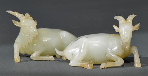 Bonhams : A pair of carved jade goats Late Qing/Republic period